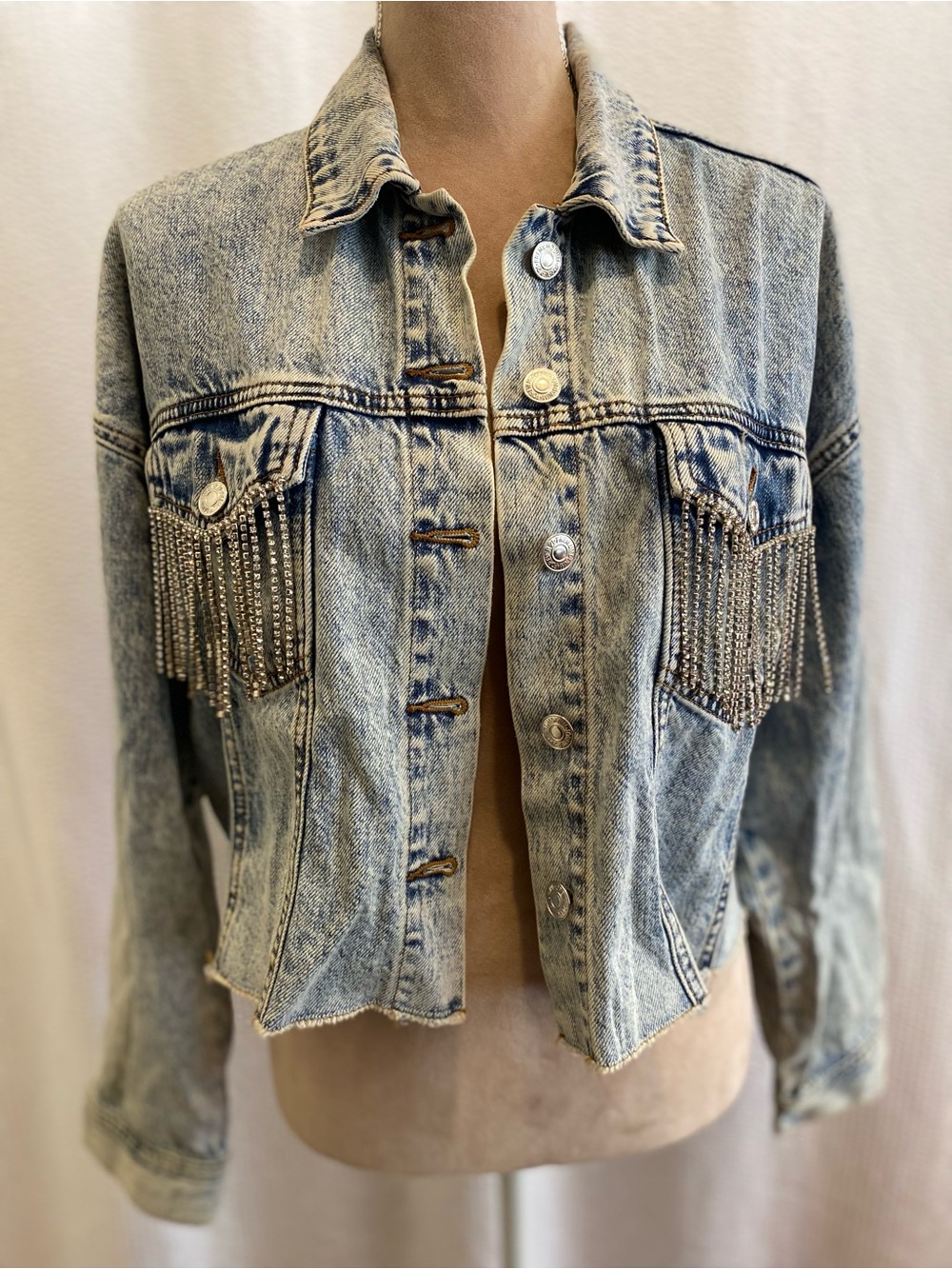 Forever 21 Washed Blue Denim Jacket with Rhinestone Fringe*